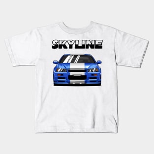 Nissan Skyline r34 GTR White Grey and Blue, JDM Car Kids T-Shirt